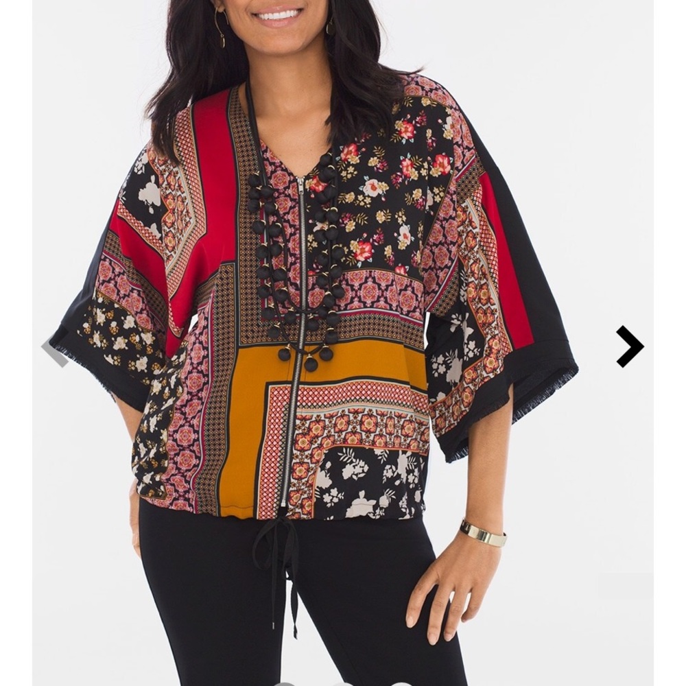 Chicos XL top Bohemian Fringe Patchwork Zipper Front